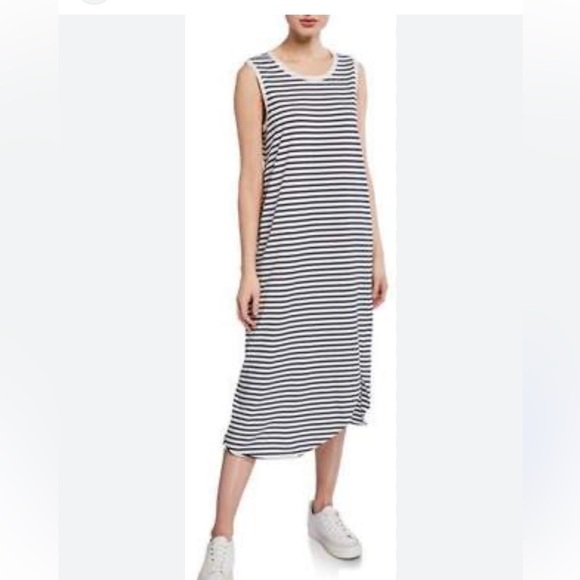 FRANK & EILEEN Black & White Stripe Tank Dress Midi Asymmetrical Hem Made in USA - Picture 7 of 8
